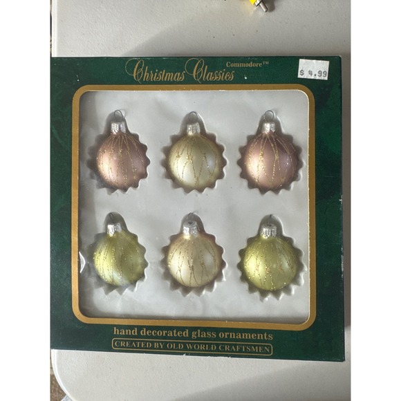 VTG Commodore Christmas Classics Hand Decorated Glass Ornaments Set of 6 Romania